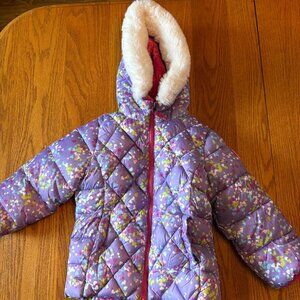 Snozu Girls 5T Puffer Jacket Purple Heart Print Faux Fur Hood Winter Coat
